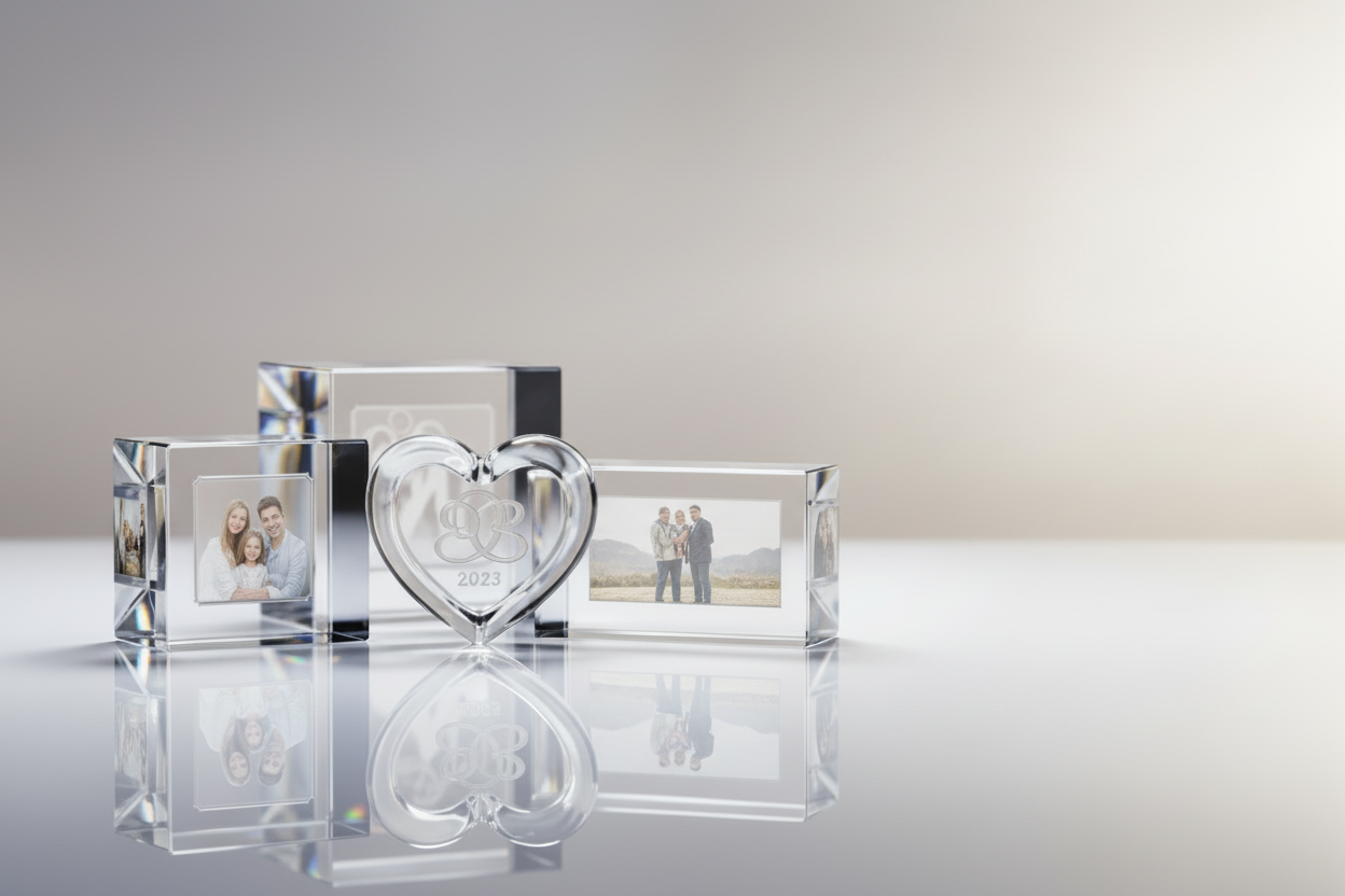 Crystal heart and photo block with blurred lights in the background